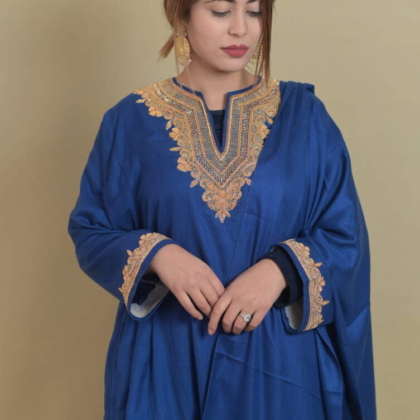 Hand embroidery dabka Woolen 3 piece pheran with pant and stole