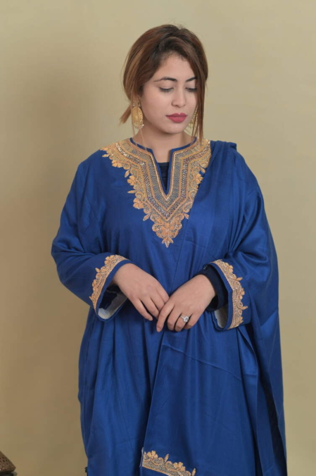 Hand embroidery dabka Woolen 3 piece pheran with pant and stole