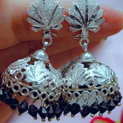 Chinar-Handcrafted-Jhumkas-in-hallmarked-Silver-with-Black-Pearls-scaled