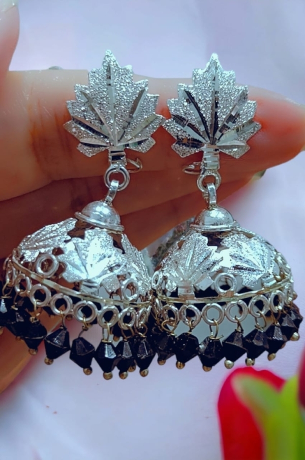 Chinar-Handcrafted-Jhumkas-in-hallmarked-Silver-with-Black-Pearls-scaled