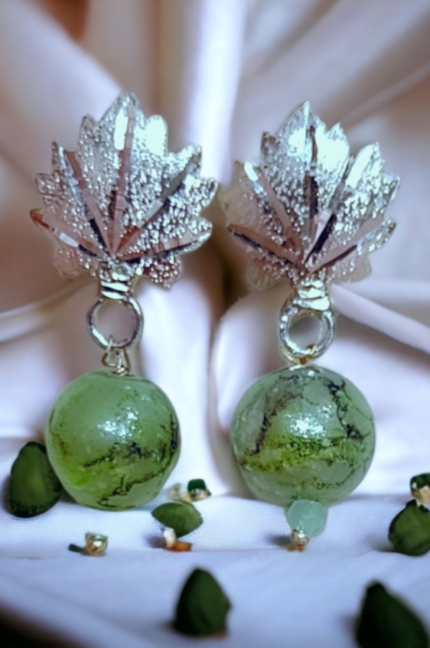 Chinar-handcrafted-Earrings-With-Green-double-shade-Droplets-in-Hallmarked-Silver-scaled