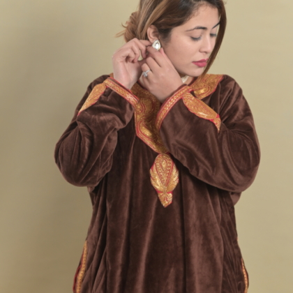 Cotton velvet Pheran with fine machine Tilla
