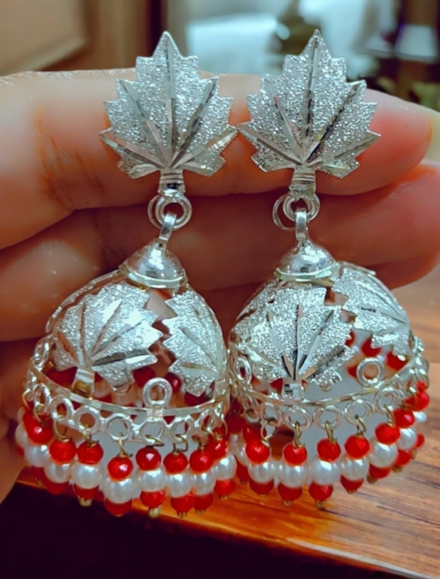 Handcrafted Chinar Earrings with Pink Pearl Droplets in Hallmarked Silver scaled